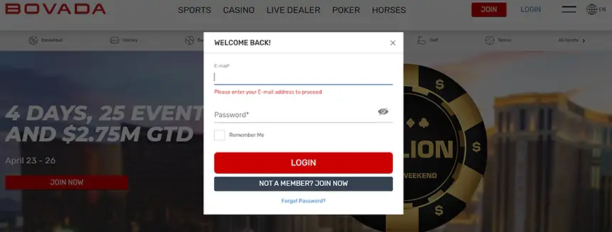 An image of the Bovada login screen